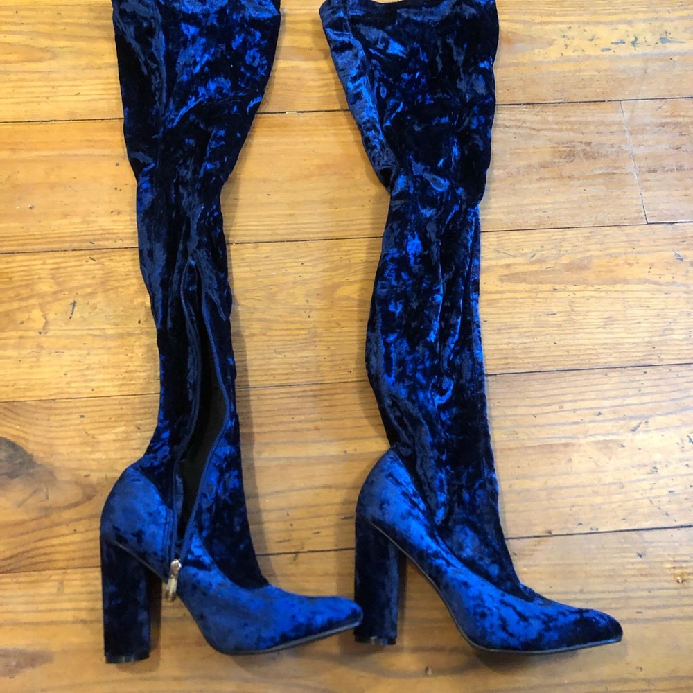 Blue velvet thigh high boots, women’s size 10